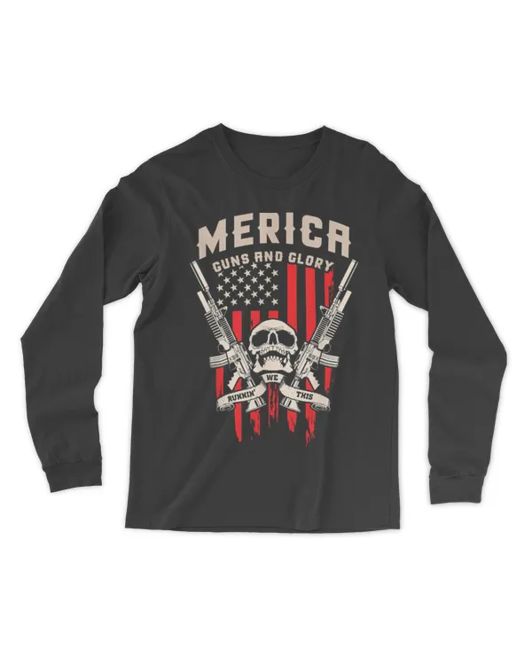 American Rifle Gun, Merica Guns and Glory, USA flag Skull T-Shirt