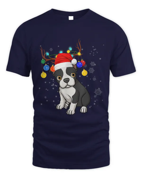 Cute Boston Terrier Reindeer Light Christmas Unisex T-Shirt, Christmas Gift for Boston Terrier Owners