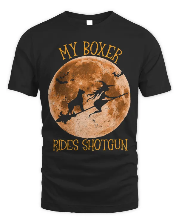 Funny Boxer Dog Ride Shotguns Moon Broom Halloween