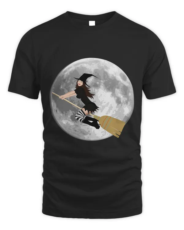 Flying Free Witch on Broom Smiling with Moon