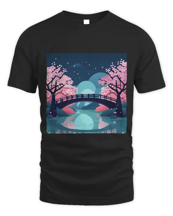 Tranquil Riverscape Cherry Blossom Bridge Delight