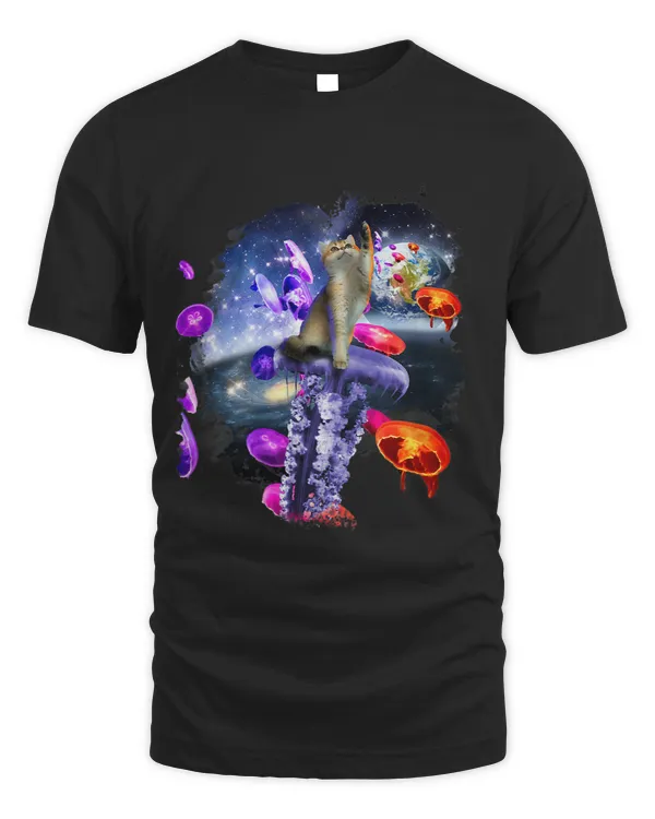 Space Cat Riding Jellyfish In Galaxy