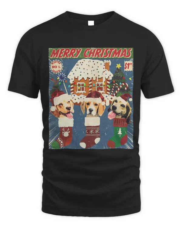 Funny Christmas Vintage Comic Beagle Dogs in Santas Socks
