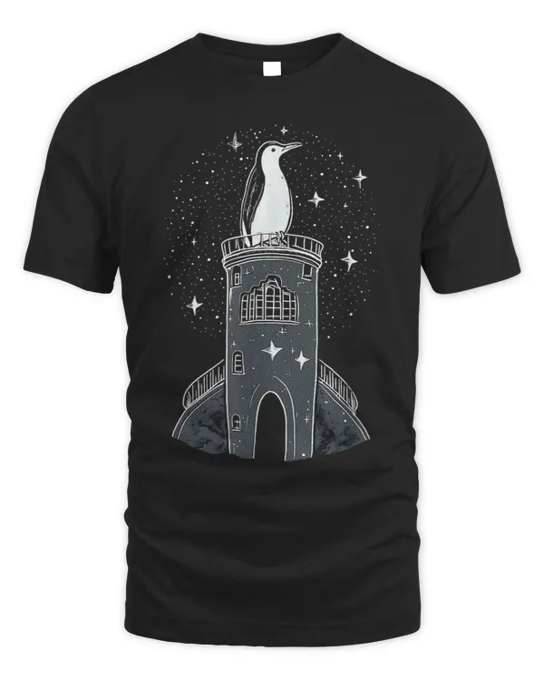 Penguins Lover King Sitting in his Tower with a Starry Night Sky