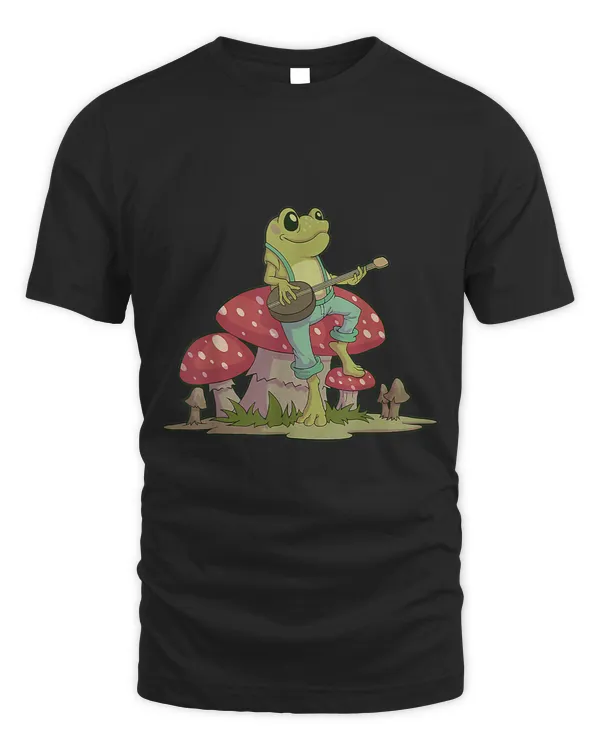 Frogs Cute Cottagecore Aesthetic Frog Playing Banjo on Mushroom6414