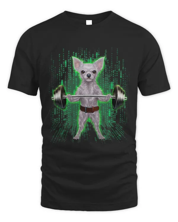 White Chihuahua Dog Weightlifting in Cyber Fitness Gym