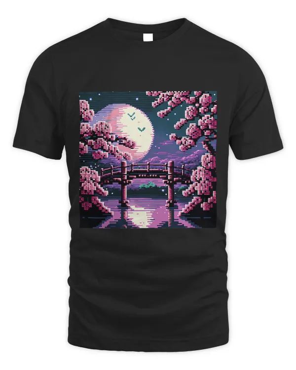 8 bit Retro Cherry Blossom Magic Riverside Bridge Moonlight