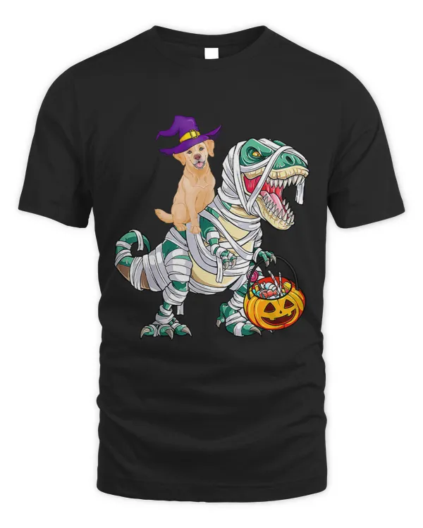 Funny Golden Retriever Riding Mummy T rex Halloween