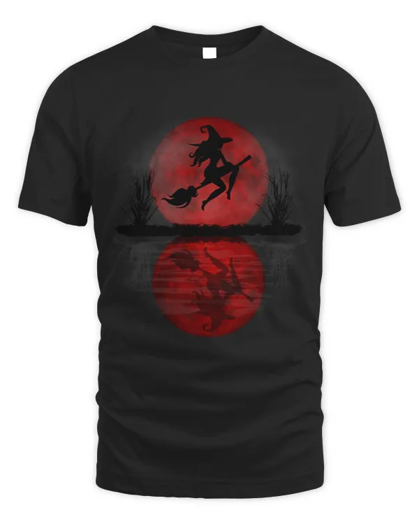 Blood Moon Sexy Witch Flying Halloween Scary Witch on Broom