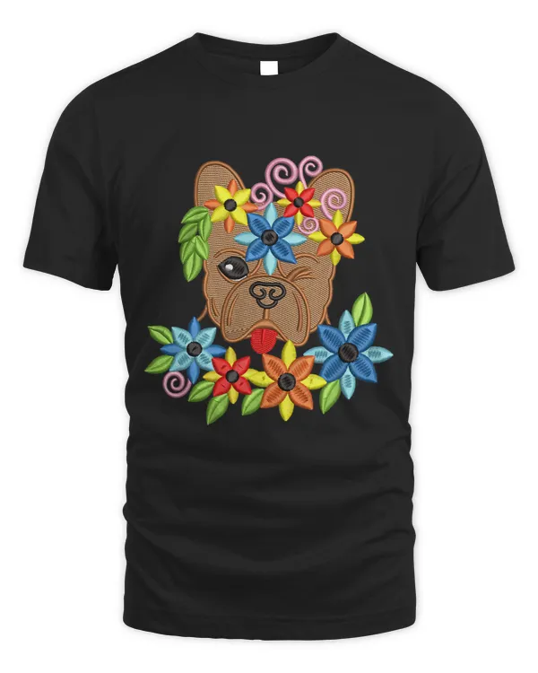 Cute Silly French Bulldog with Flowers embroidered effect