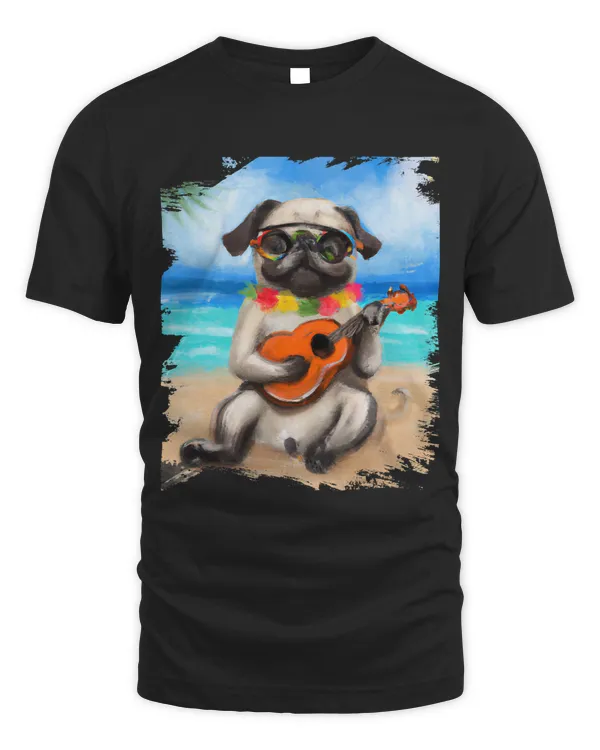Hawaiian Aloha Dog Pug Playing Ukulele Beach