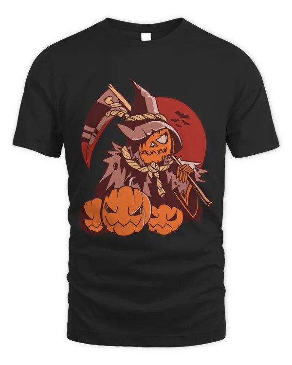 halloween scarecrow with pumpkins and scythe red moon