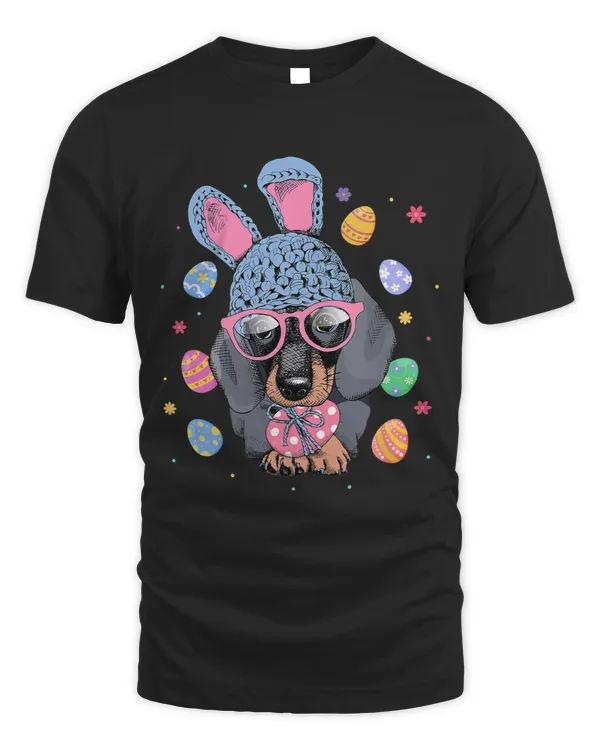 Dachshund With Rabbit Hat Glasses Easter Eggs and Flowers