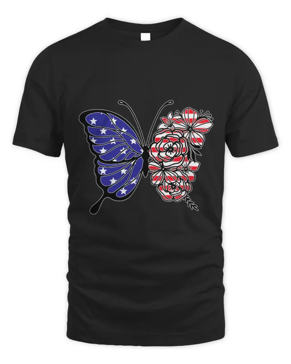 Floral Butterfly American Flag 4th Of July Women Girl