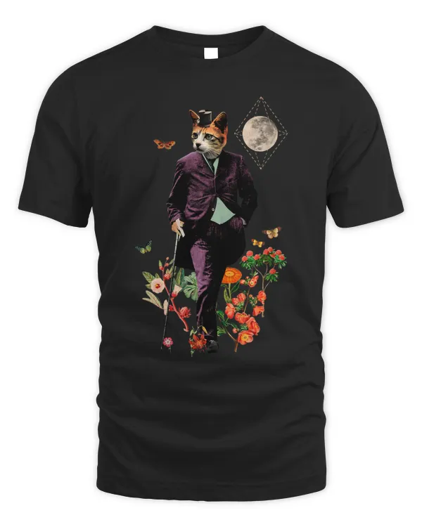 Funny cat with flowers and walking stick and moon