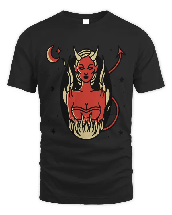 Devils woman with horns and flames moon and star
