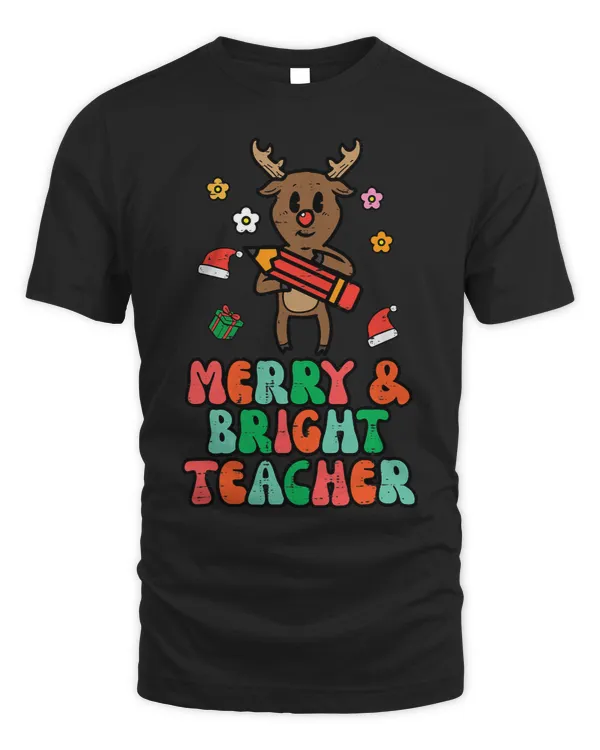 Christmas Reindeer Merry Bright Teacher Retro Groovy Xmas