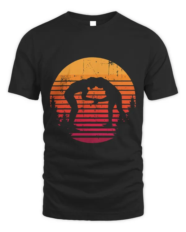 Wrestling tee retro sunset with trees art work wrestler MMA