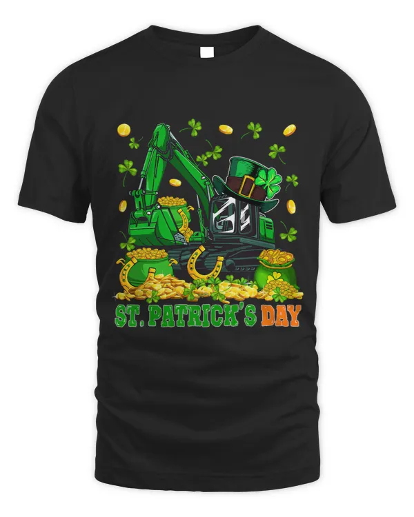 St.Patricks Day Excavator With Shamrocks Pot Of Coins Lover