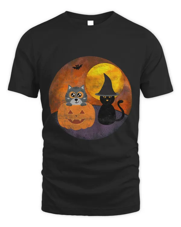 Fun Halloween Graphic Art Cat Pumpkin Bat Full Moon