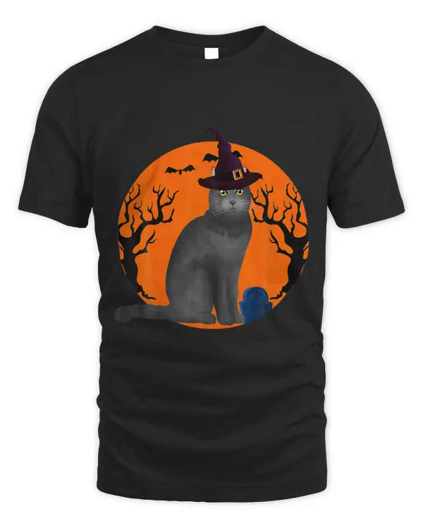 British Shorthair Cat Halloween Witch Hat And Moon