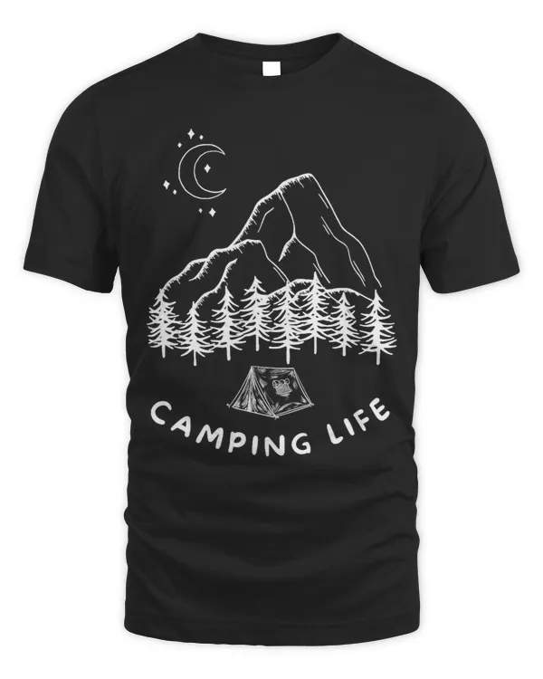 Camping Life Camp Tent Forest Mountains Moon Outline