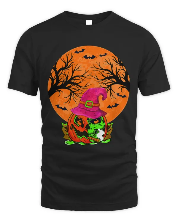 Evil Pumpkin Smoking Cigar Moon and Bats Halloween