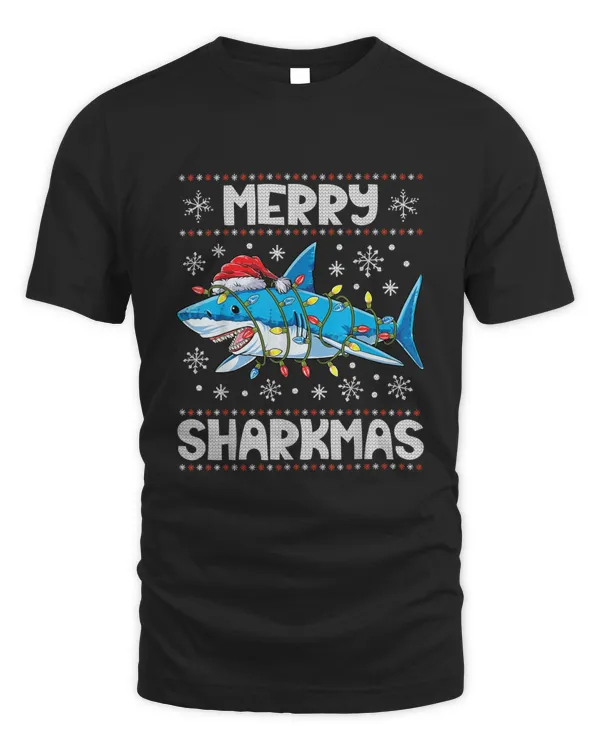 Merry Sharkmas Shark Santa Ugly Christmas Lights