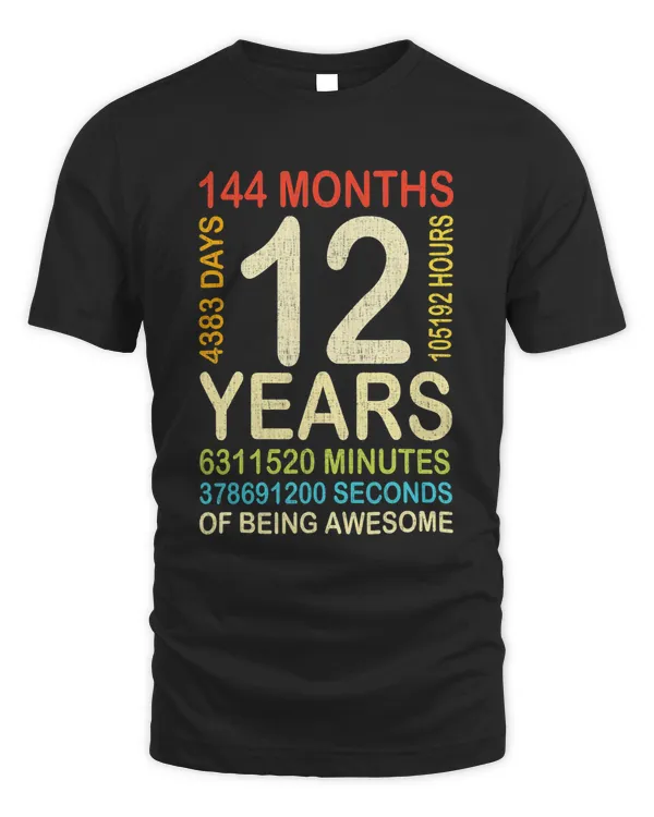 12th Birthday 12 Years Old Vintage Retro 144 Months Boy Girl T-Shirt