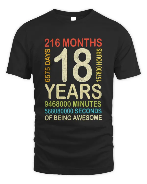 18th Birthday 18 Years Old Vintage Retro 216 Months Boy Girl T-Shirt