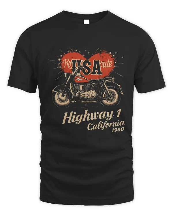 Highway 1 California Motorcycle Graphic Tee, Vintage T-Shirt, Route 66 USA Biker, Retro Motor Sports 1980 Unisex T-Shirt