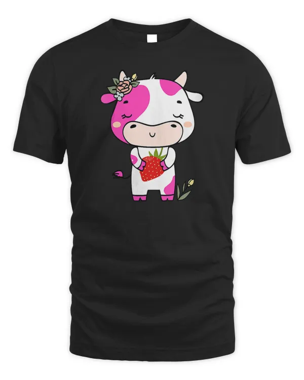 Womens Funny Strawberry Cow Pink Cow V-Neck T-Shirt