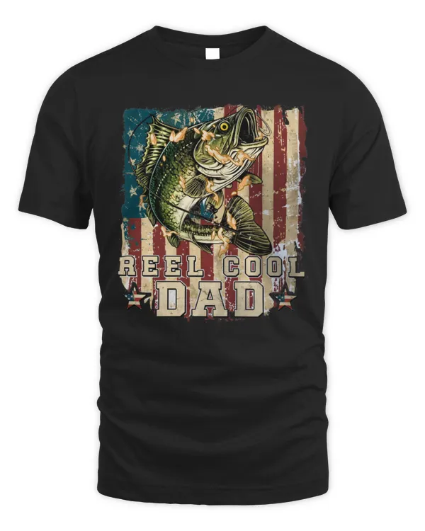 Reel Cool Dad Fishing T-Shirt, American Flag Bass Fish Tee, Fishermen Gift, American USA Flag Shirt, 4th of July Bass fishing, Bass Fish tee