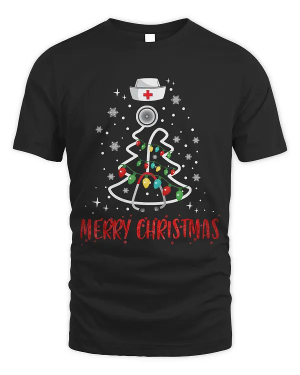 Merry Christmas Nurse Shirt Stethoscope Tree Lights Gift T-Shirt