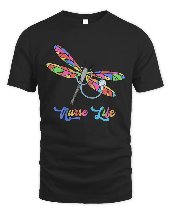 Womens Colorful dragonfly Nurse life T-Shirt