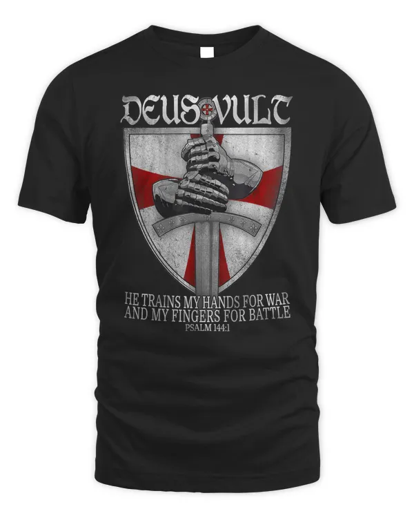 Knights Templar T Shirt - Deus Vult He Trains My Hands For War - Knights Templar Store