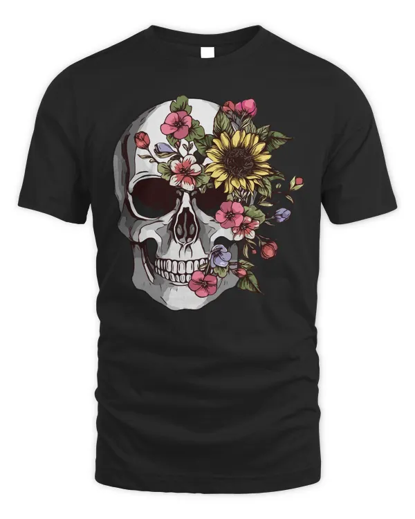 Skull Lover Skeleton Human anatomy Skull Pink flowers sunflowers and green leaves473 Skulls