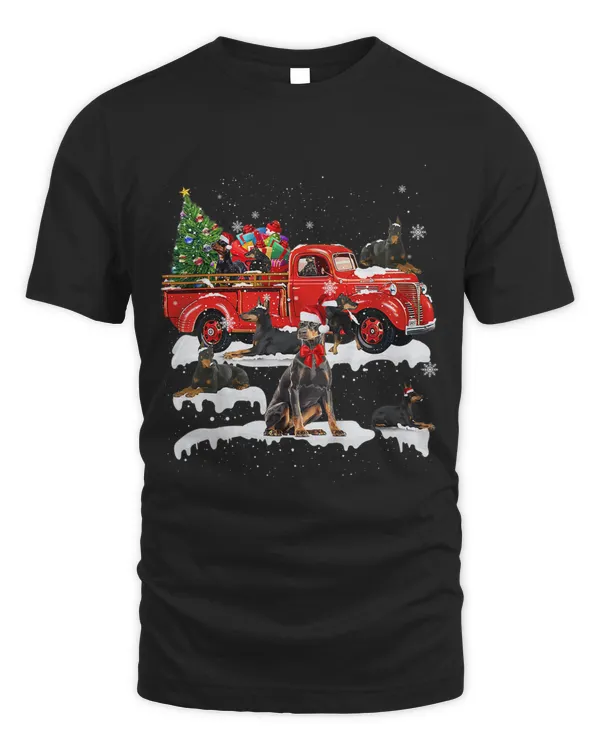 Dobeman Dog Driving Xmas Truck Christmas Tree Lights T-shirt
