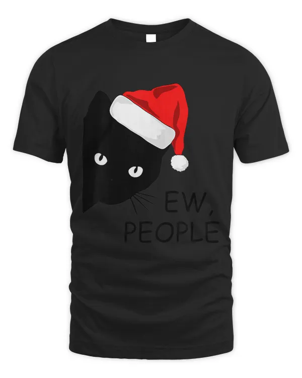 Ew People Black Cat Face Santa Hat Funny Cat Lover Christmas T-shirt