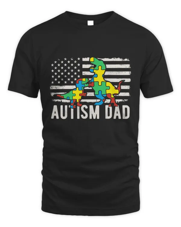 T Rex Autism Dad Dinosaur In Puzzles Autism Awareness American Flag For Proud Autism Father T-Shirt