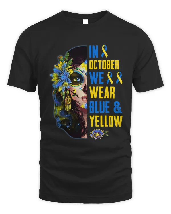 In October We Wear Blue Yellow Down Syndrome Awareness Skull