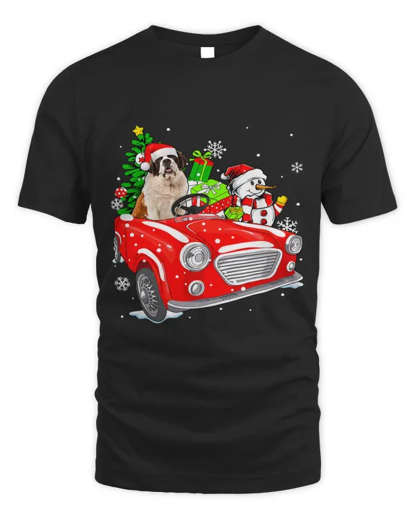 Funny Bernard Dog Santa Hat Red Car Christmas372