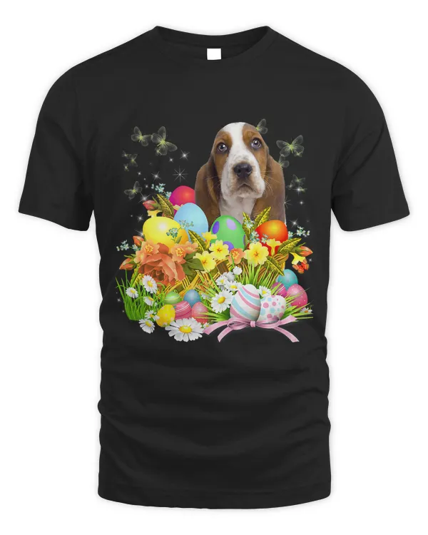 Basset Hound Bunny Dog With Easter Eggs Basket Cool