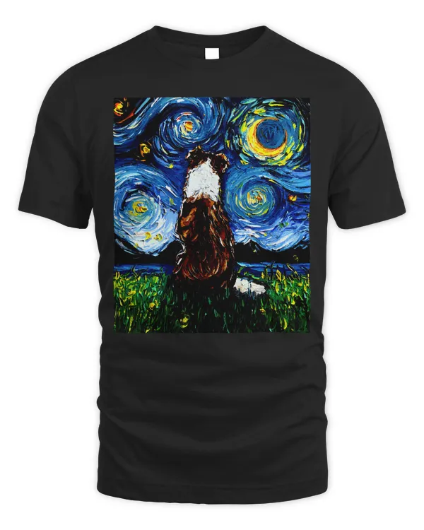 Red and White Border Collie Back Starry Night Dog Art by Aja T-Shirt