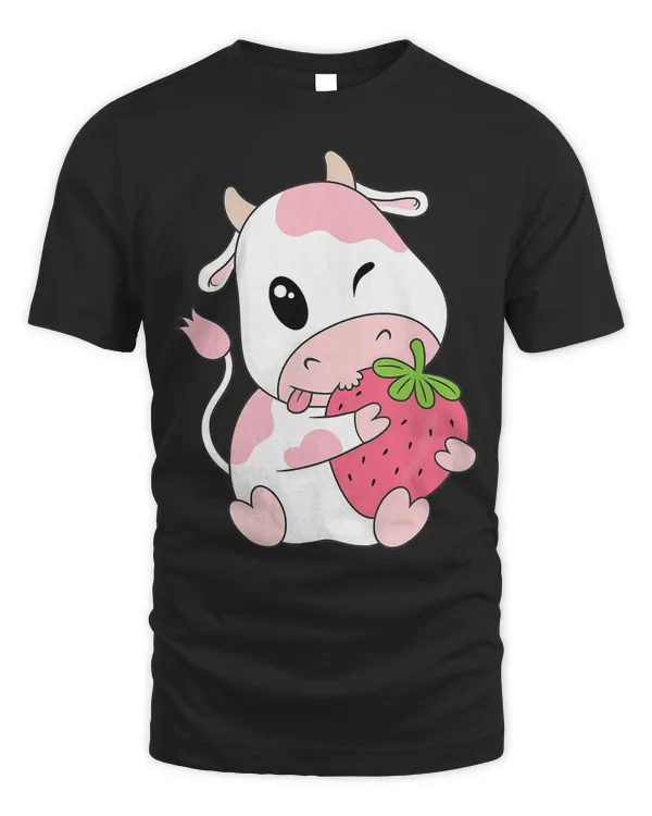 Cute Pink Strawberry Cow Print Kawaii Aesthetic Animal T-Shirt