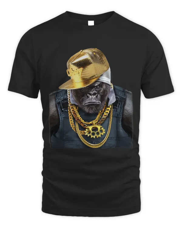 T Shirt Rapper Gorilla in Gold Chain and Cap Hip Hop Style
