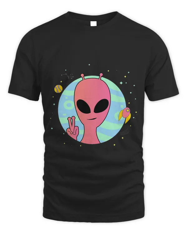 Pink Alien Shirt Peace Sign Hand UFO Spaceship Planets Gifts