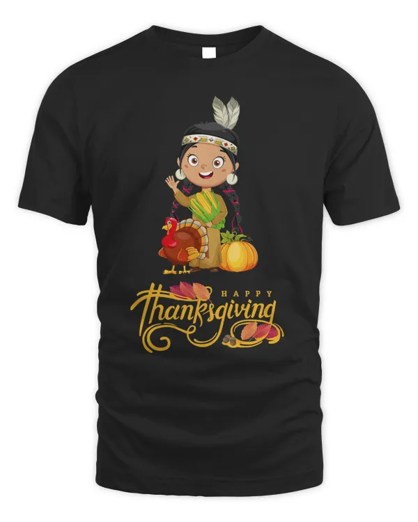 Thanksgiving Day Native American Turkey Girl Headdress Shirt T-Shirt