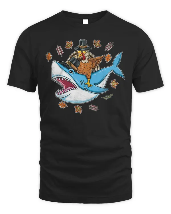 Turkey Riding Pilgrim Shark Thanksgiving Kids T-Shirt
