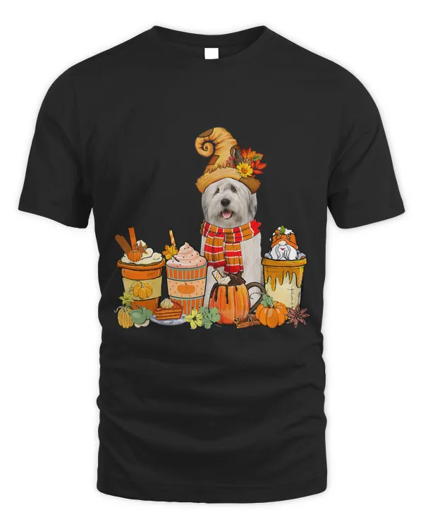 Bearded Collie Wearing Hat With Coffee Cups Fall Pumpkins